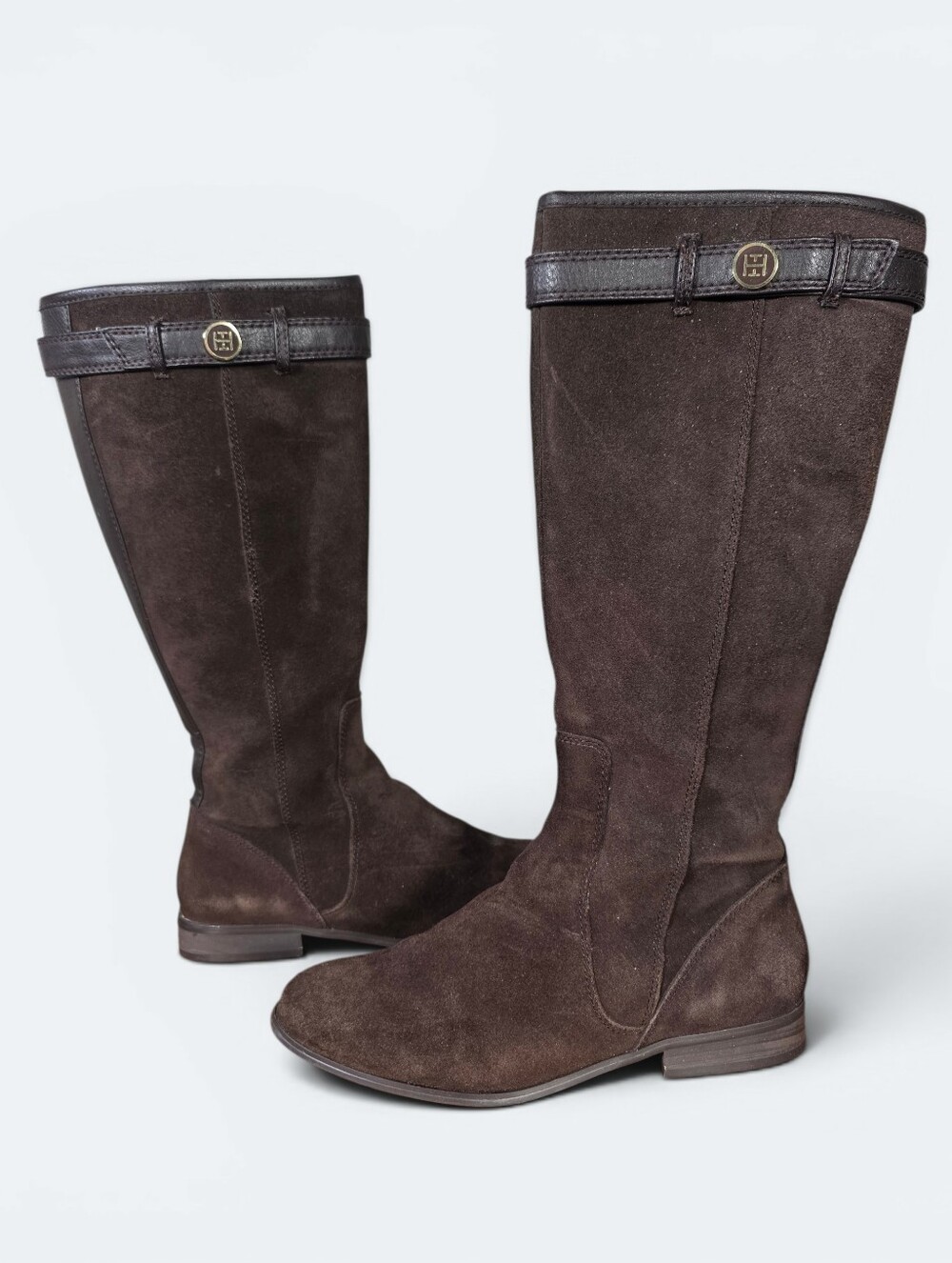 Tommy Hilfiger Imogen Brown Suede Knee High Riding Boots Gold Crest Size 8